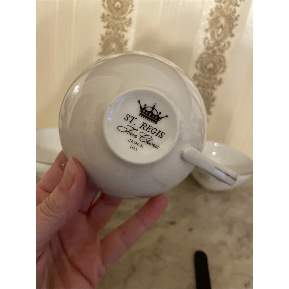 St Regis Fine China Coffee/Tea Cup ONLY 101 White‎ Floral, Silver Japan Set of 4